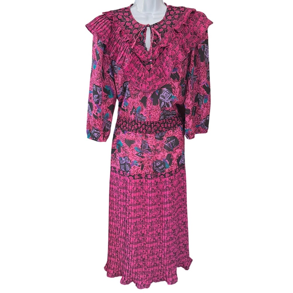 80s Plaza South Midi Dress Retro Maximalist Electric Pink Floral Geometric 10